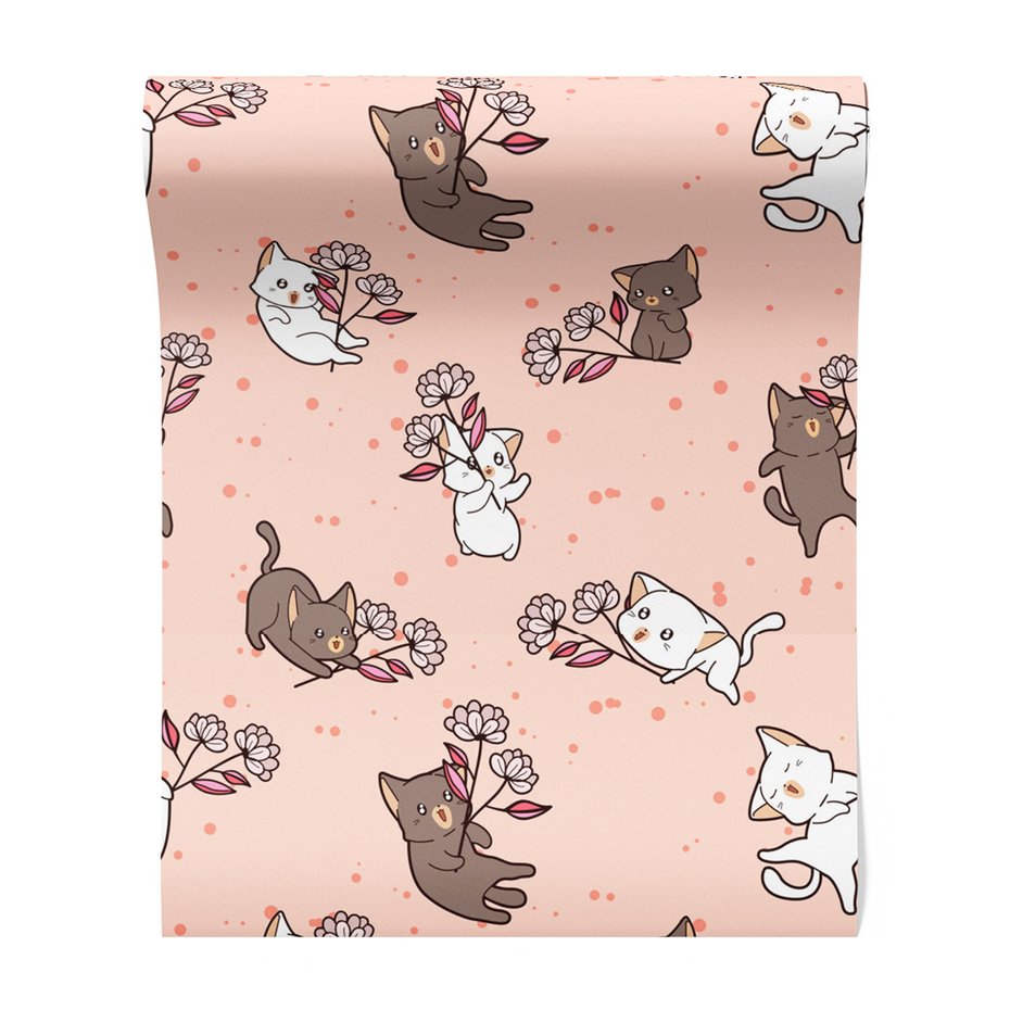 Tapeta - dziecięca, koty, kwiaty,