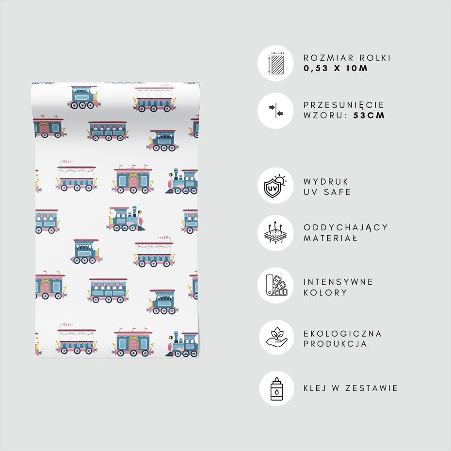 Tapeta - dziecięca, pociągi, wagony,