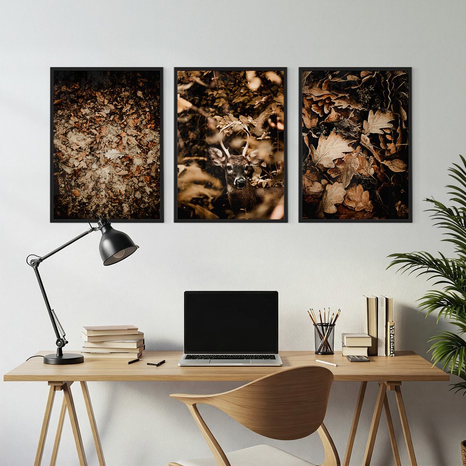 Zestaw obrazy w ramie, plakaty - liście,jeleń,las - rama czarna