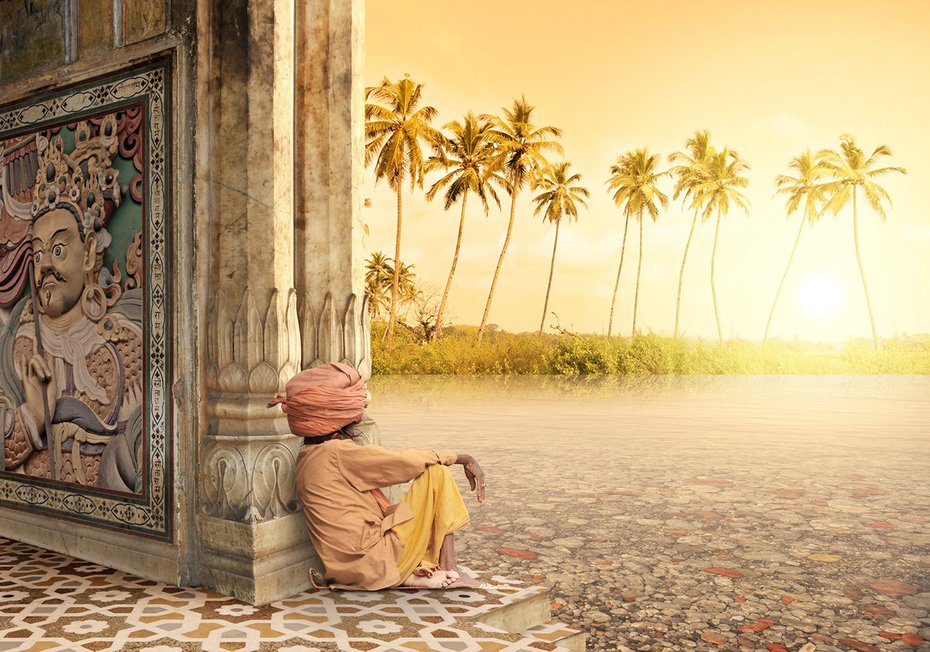 Fototapeta - człowiek, morze, palmy