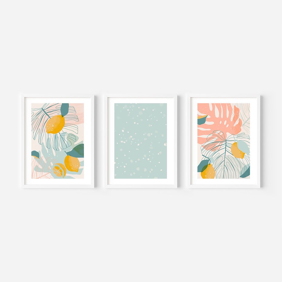 Zestaw obrazy w ramie, plakaty - liście, cytryny, abstrakcja - rama biała