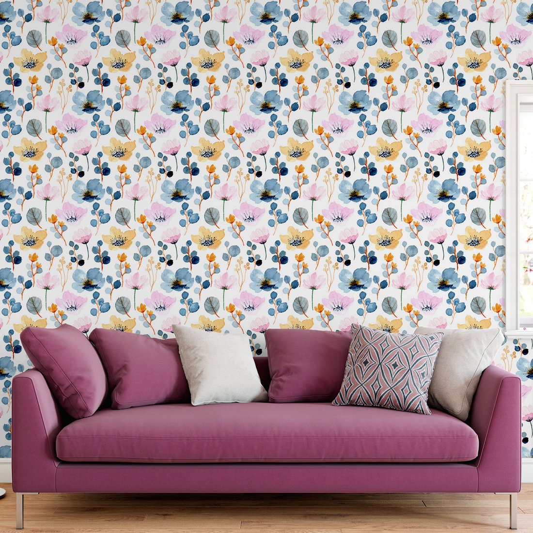 Tapeta - kwiaty, liście, akwarela