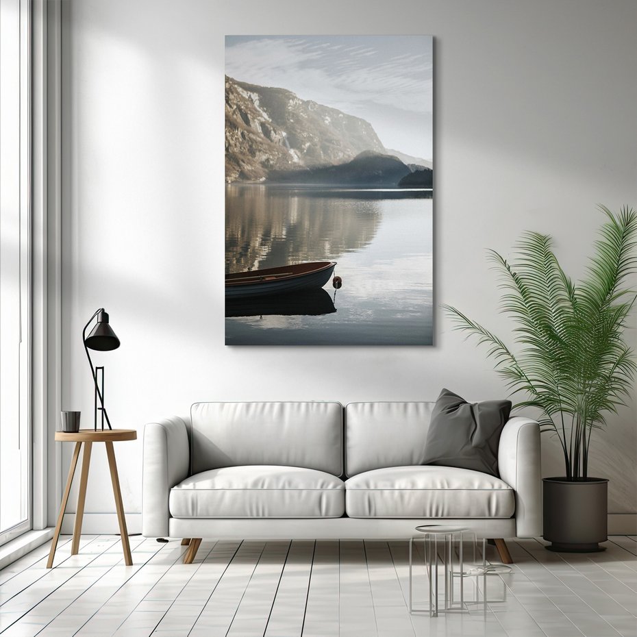Obraz na płótnie - jezioro, góry, łódka