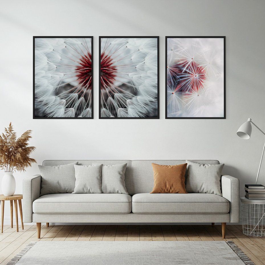 Zestaw obrazy w ramie, plakaty - dmuchawiec, natura, nasiona - rama czarna