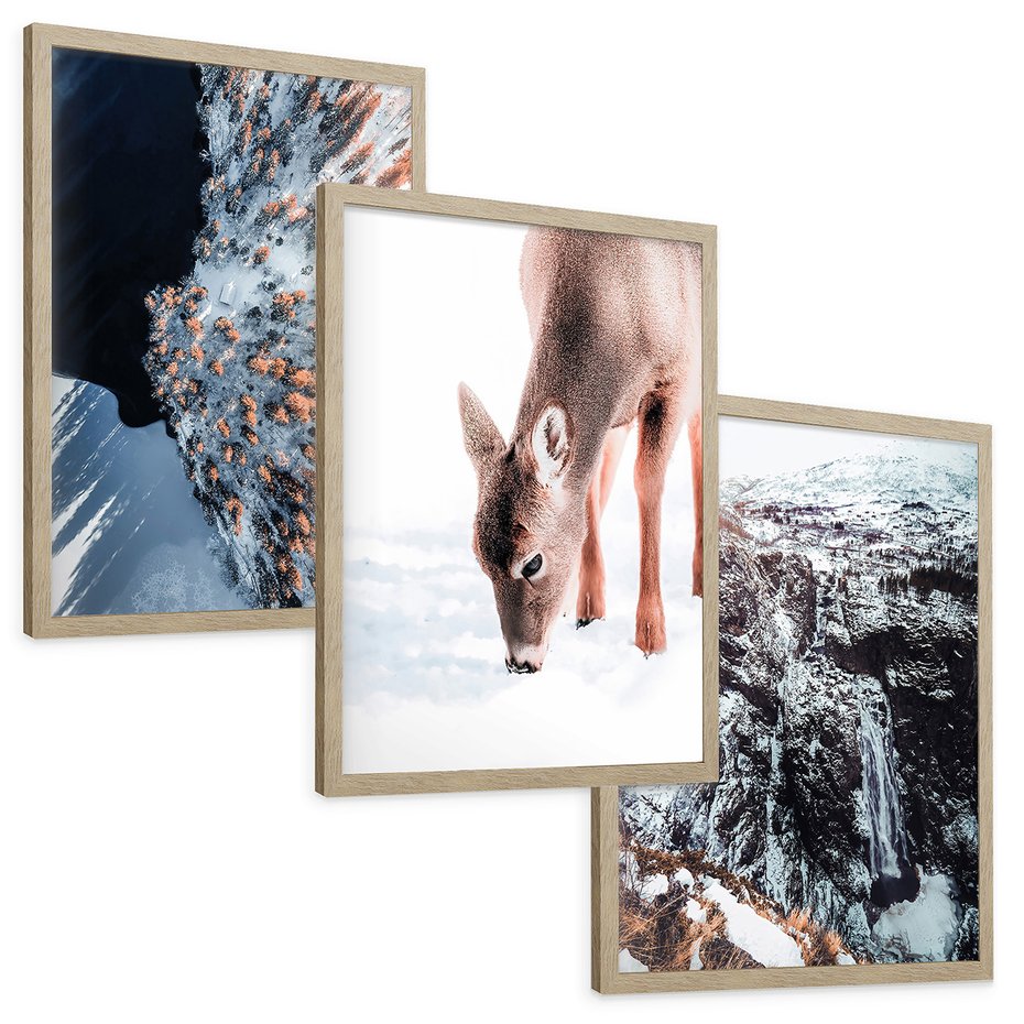 Zestaw obrazy w ramie, plakaty - zima, śnieg, natura - rama drewno