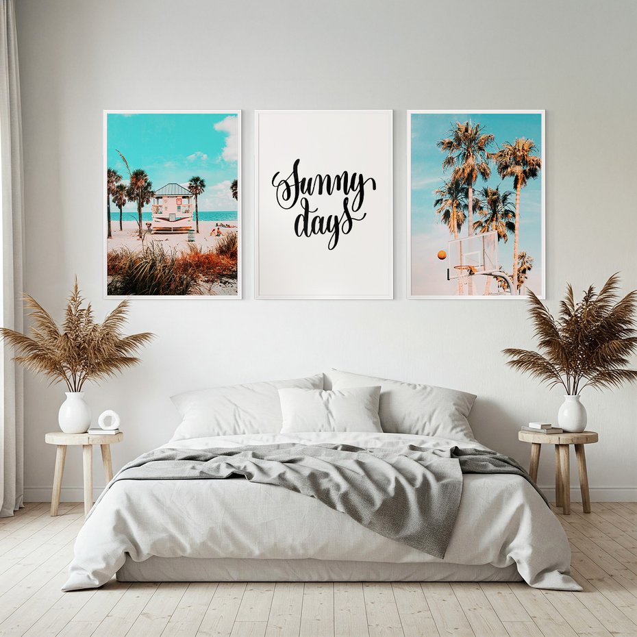 Zestaw obrazy w ramie, plakaty - plaża, palmy, lato - rama biała