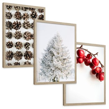 Zestaw obrazy w ramie, plakaty - szyszki, jabłka, zima - rama drewno