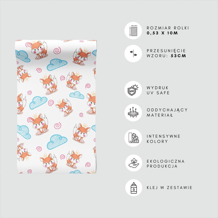 Tapeta - dziecięca, lisy, korona, chmury