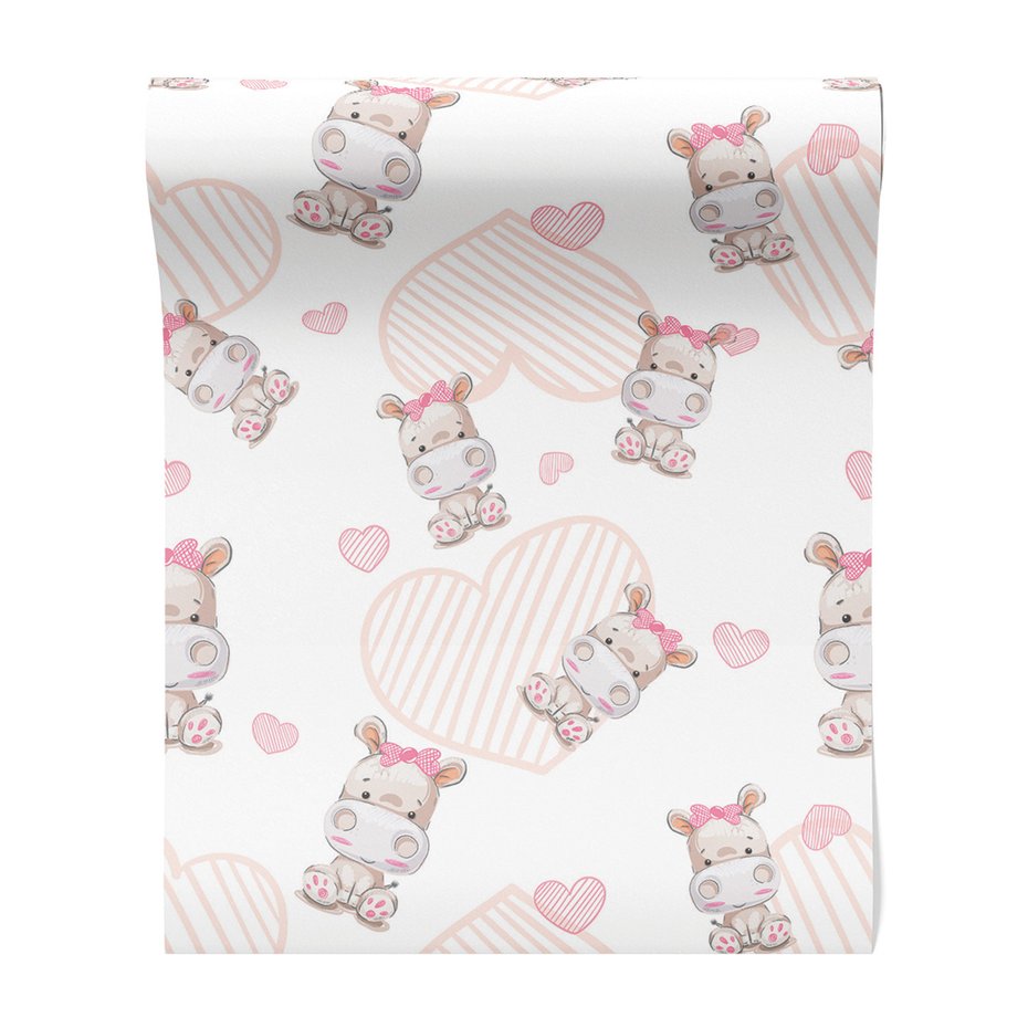 Tapeta - dziecięca, hipopotam, serca, kokardka