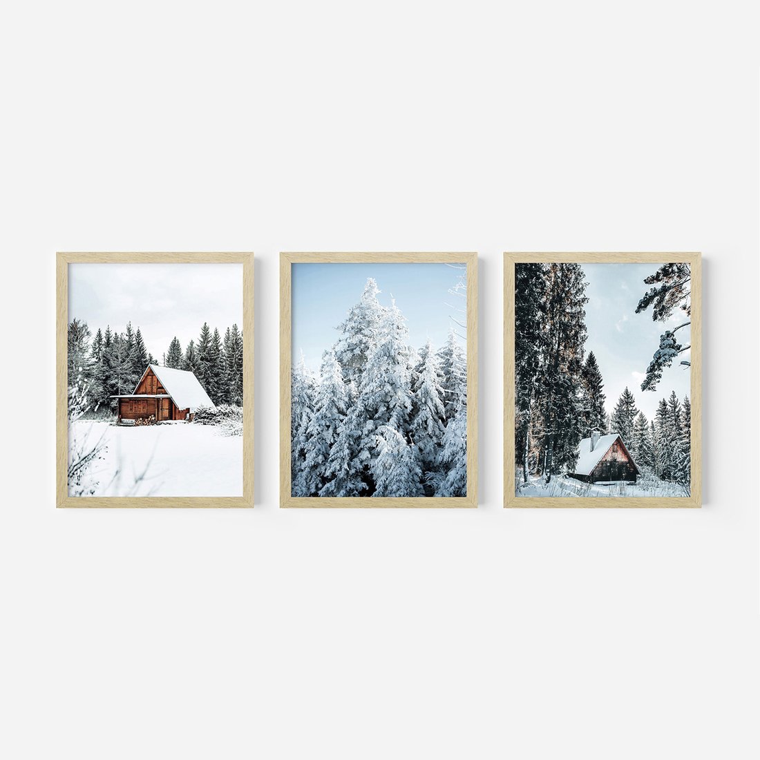 Zestaw obrazy w ramie, plakaty - zima, śnieg, drzewa - rama drewno
