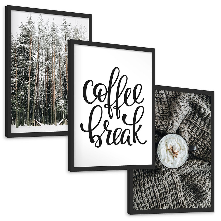 Zestaw obrazy w ramie, plakaty - zima, las, napój - rama czarna