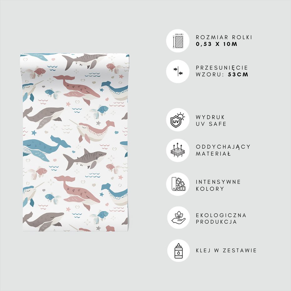 Tapeta - dziecięca, wieloryb, ryba, rekin