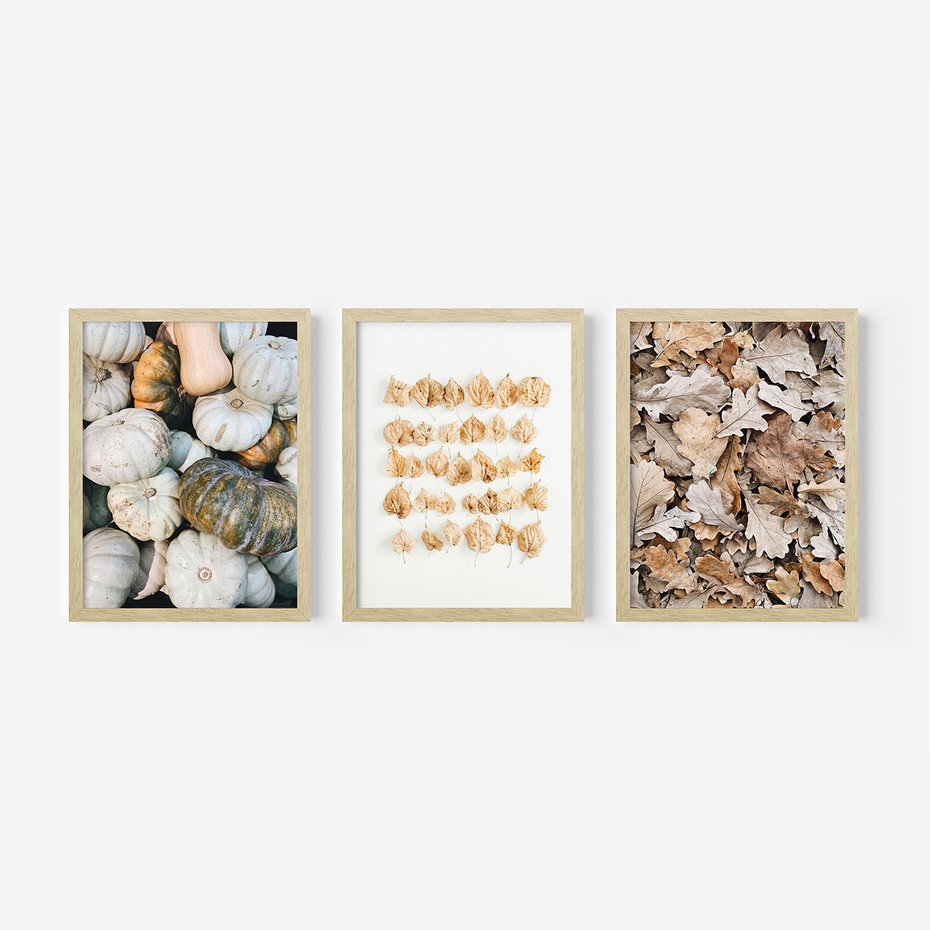 Zestaw obrazy w ramie, plakaty - dynie, liście, jesień - rama drewno