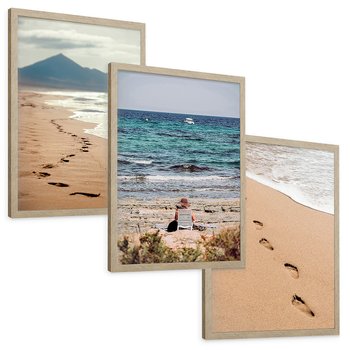 Zestaw obrazy w ramie, plakaty - plaża, morze, piasek - rama drewno