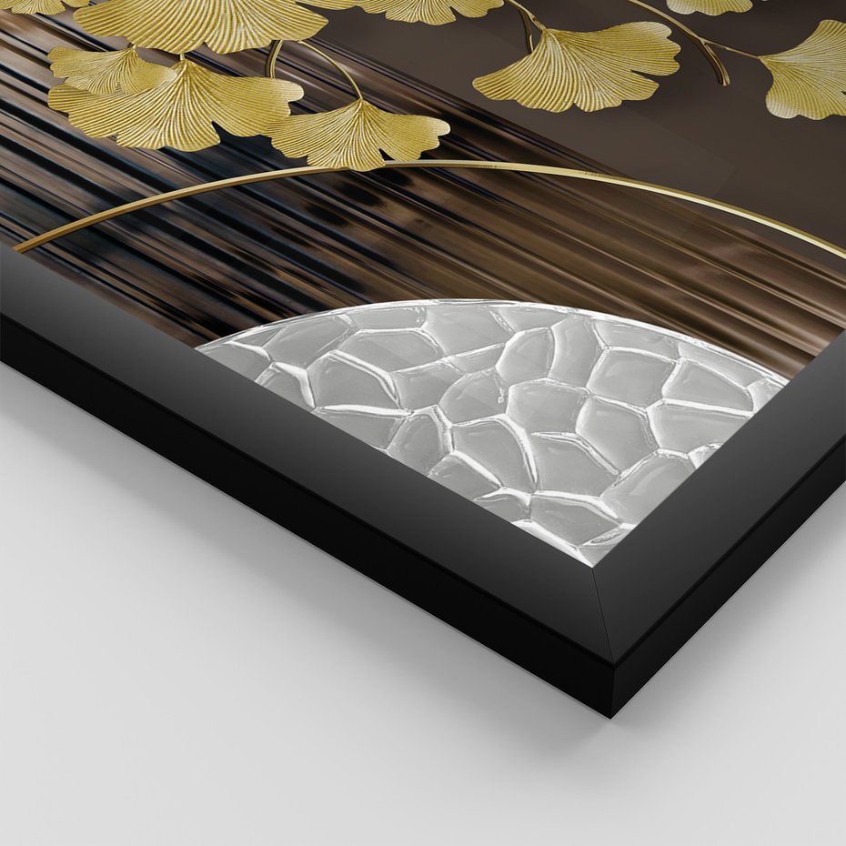 Zestaw obrazy w ramie, plakaty - złoty, liście, abstrakcja - rama czarna