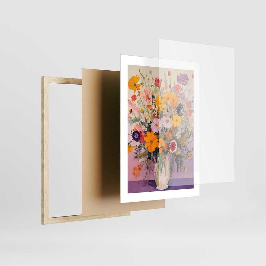 Zestaw obrazy w ramie, plakaty - kwiaty, wazon, bukiet - rama drewno