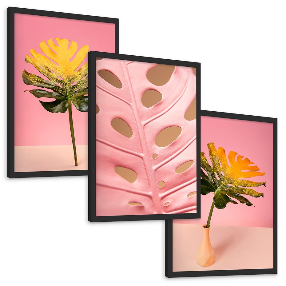 Zestaw obrazy w ramie, plakaty - liść, monstera, roślina - rama czarna