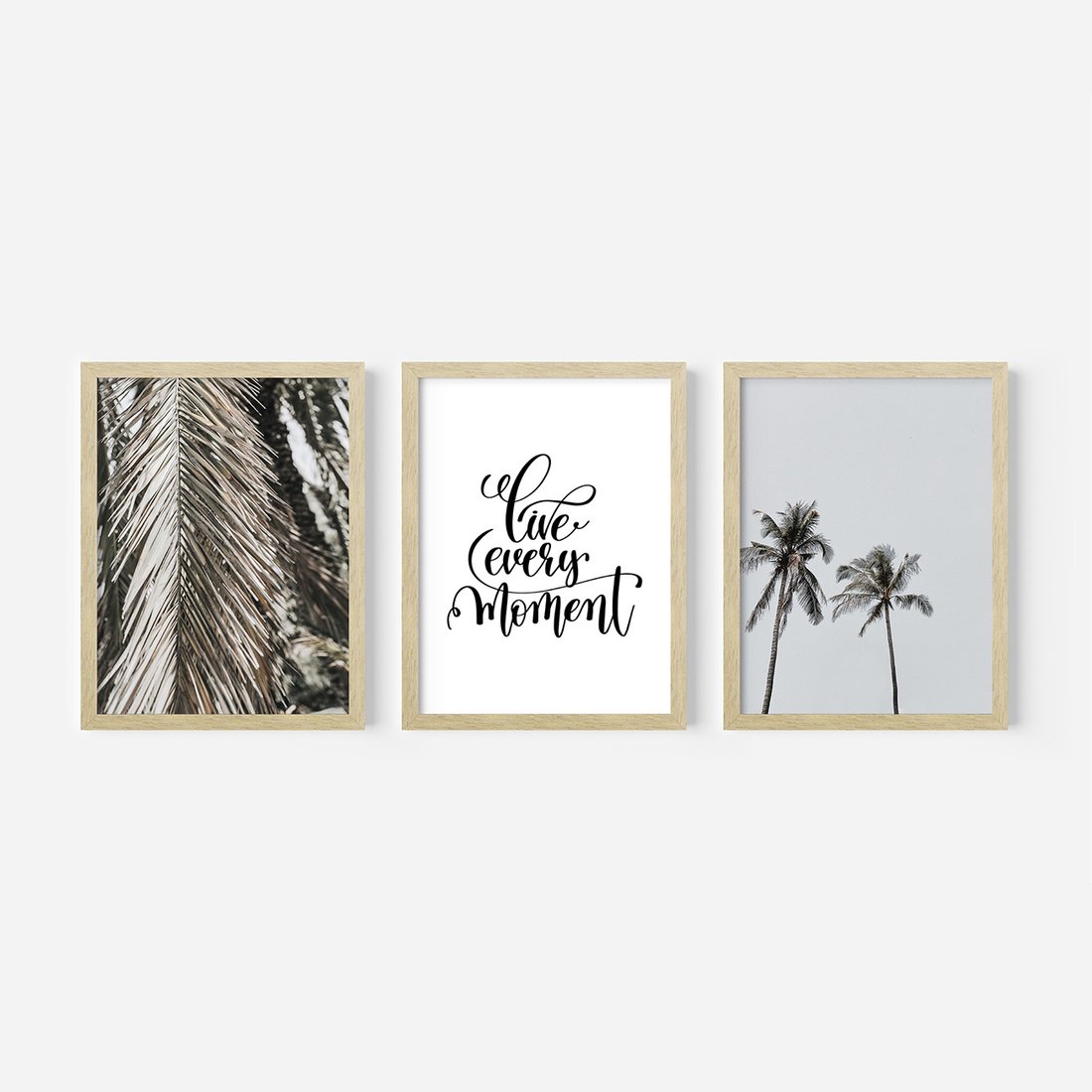Zestaw obrazy w ramie, plakaty - liście, palmy, napisy - rama drewno