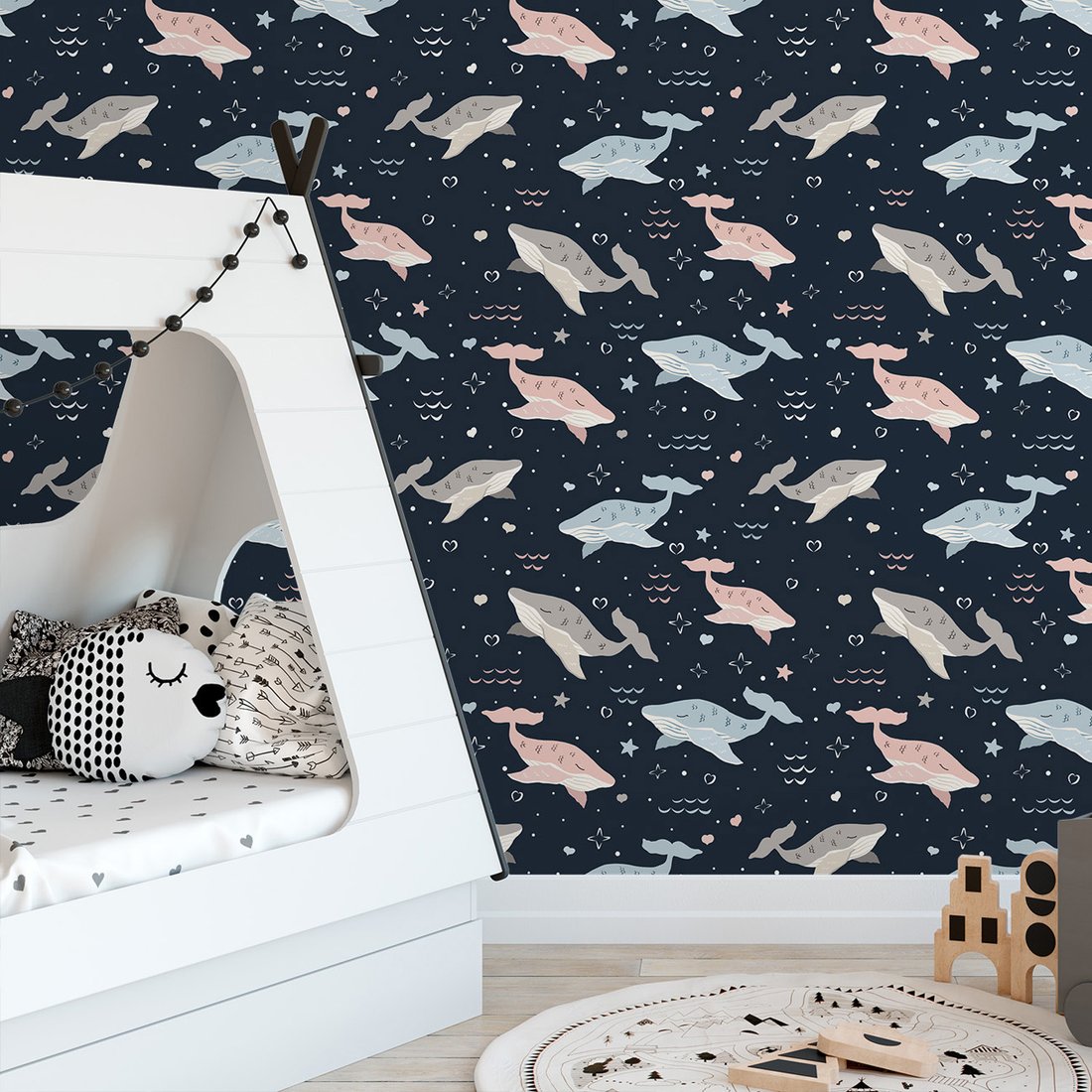 Tapeta - dziecięca, wieloryby, gwiazdy, serca