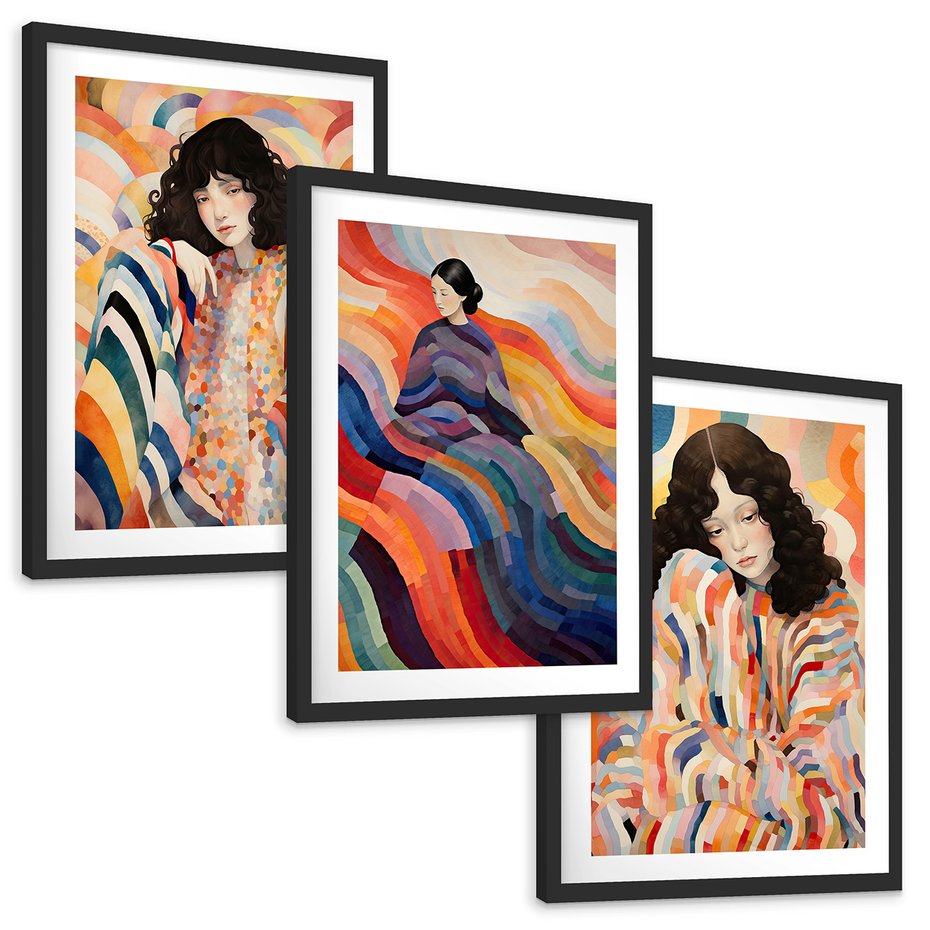 Zestaw obrazy w ramie, plakaty - kobieta, wzory, kolory, - rama czarna