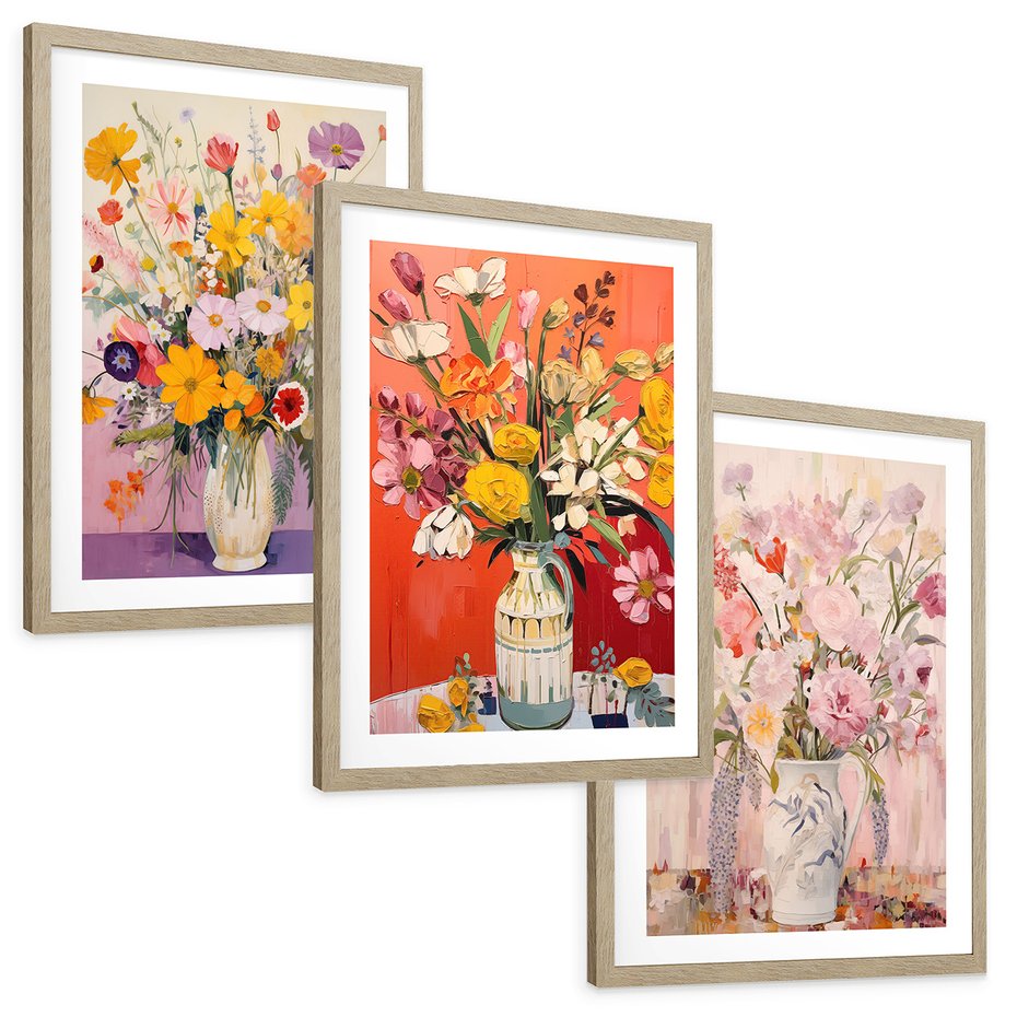 Zestaw obrazy w ramie, plakaty - kwiaty, wazon, bukiet - rama drewno