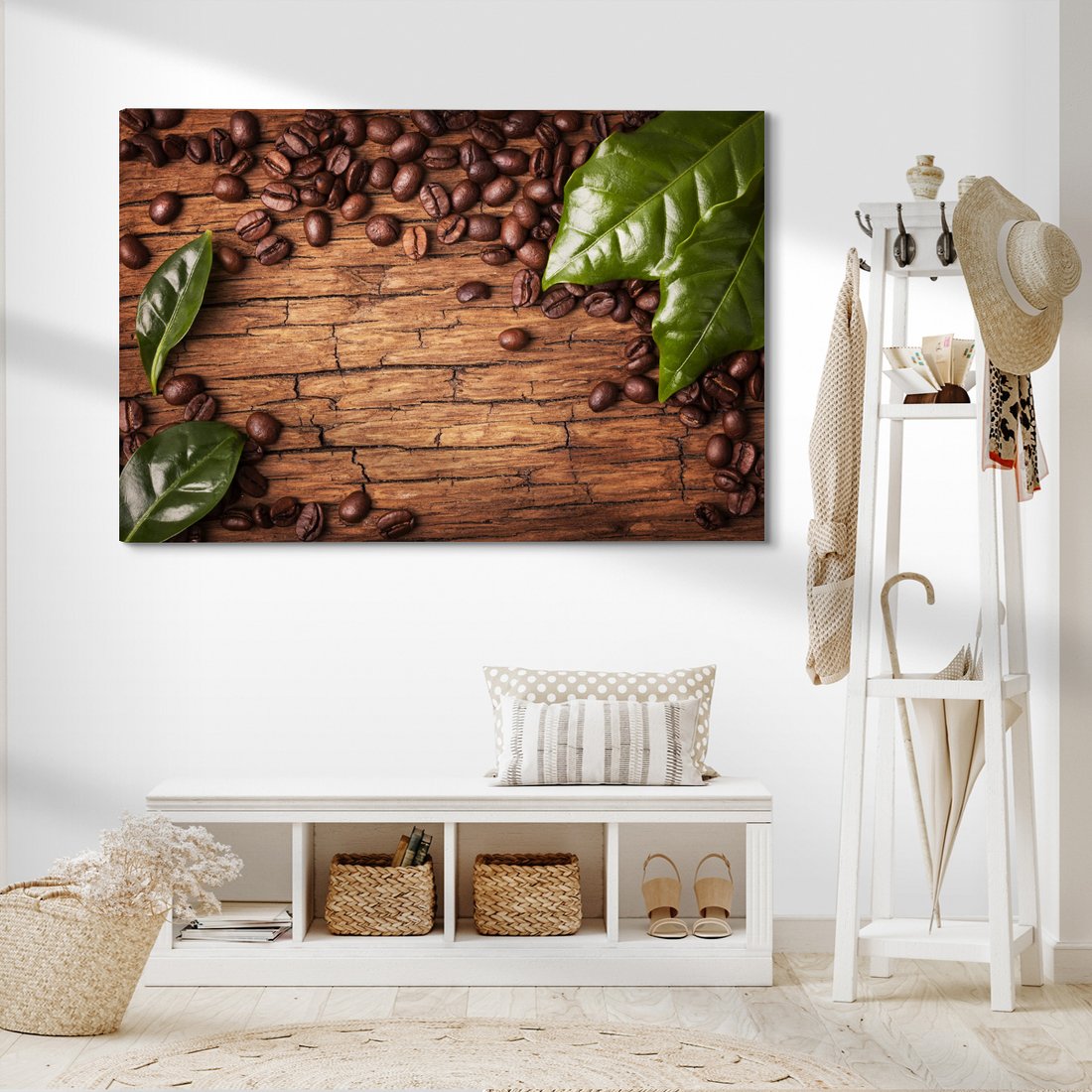 Obraz na płótnie - kawa, ziarna, liście