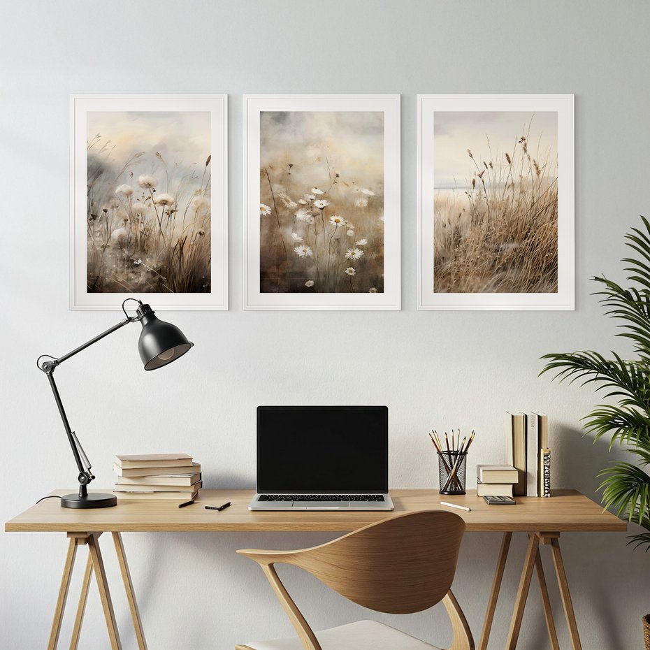 Zestaw obrazy w ramie, plakaty - kwiaty, trawa, delikatne - rama biała