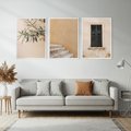 Zestaw obrazy w ramie, plakaty - liście, budynek, okno - rama biała