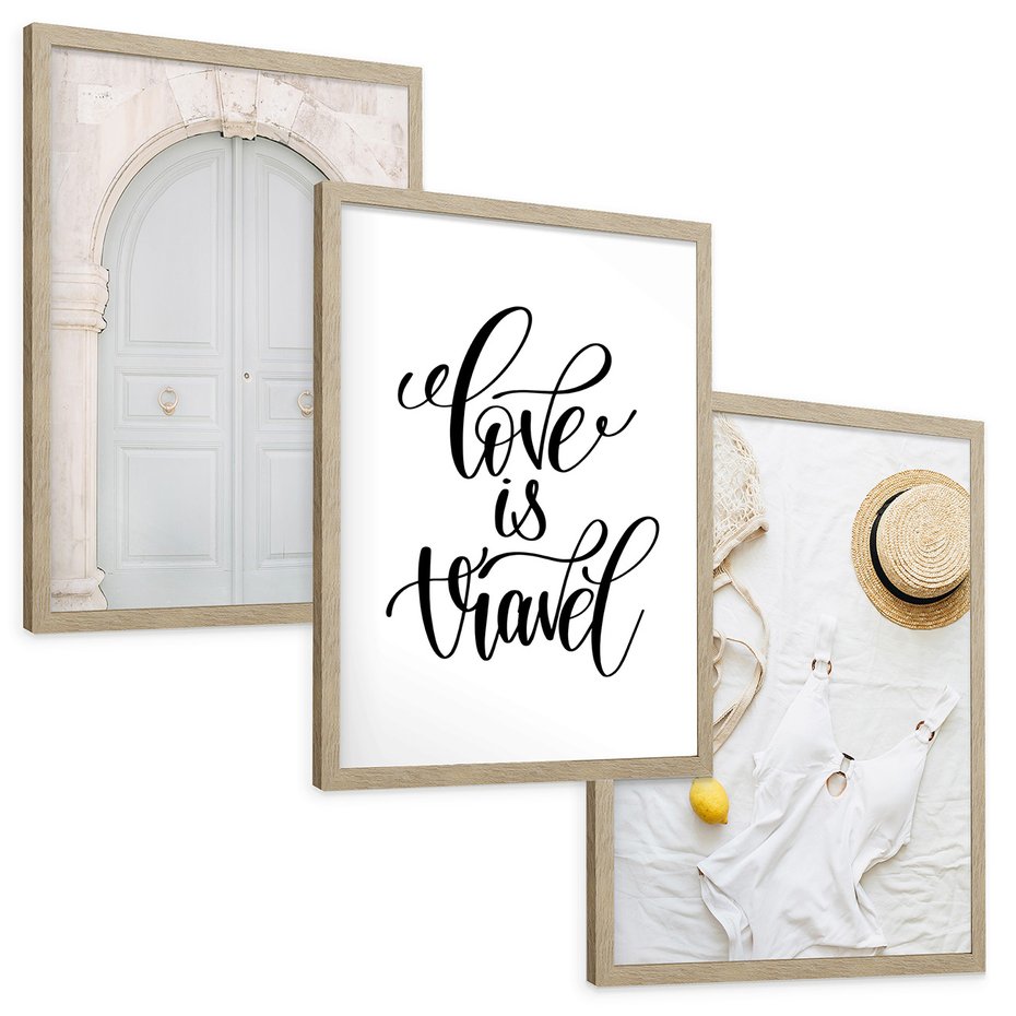 Zestaw obrazy w ramie, plakaty - podróż, cytryny, drzwi - rama drewno