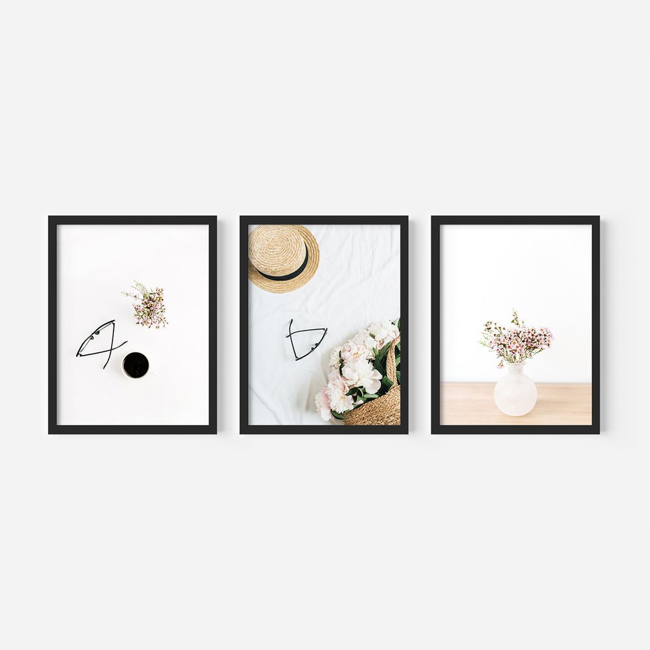 Zestaw obrazy w ramie, plakaty - kwiaty, okulary, kompozycja - rama czarna
