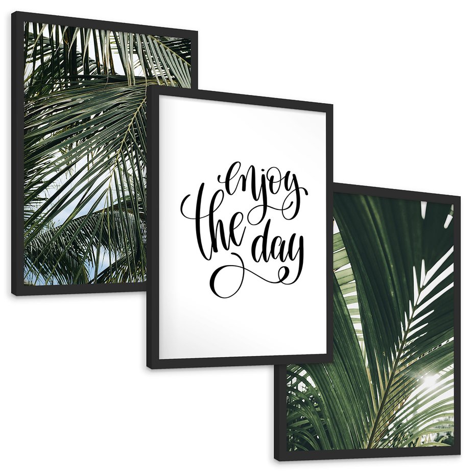 Zestaw obrazy w ramie, plakaty - liście,palmy,tropikalne - rama czarna