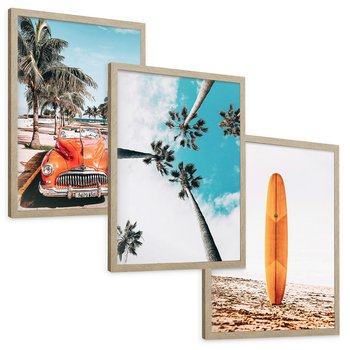 Zestaw obrazy w ramie, plakaty - palmy, plaża, wakacje - rama drewno