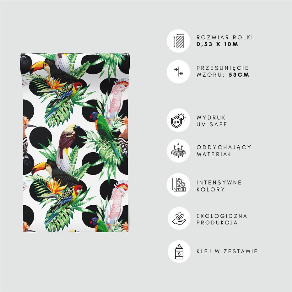 Tapeta - papugi, liście, kropki
