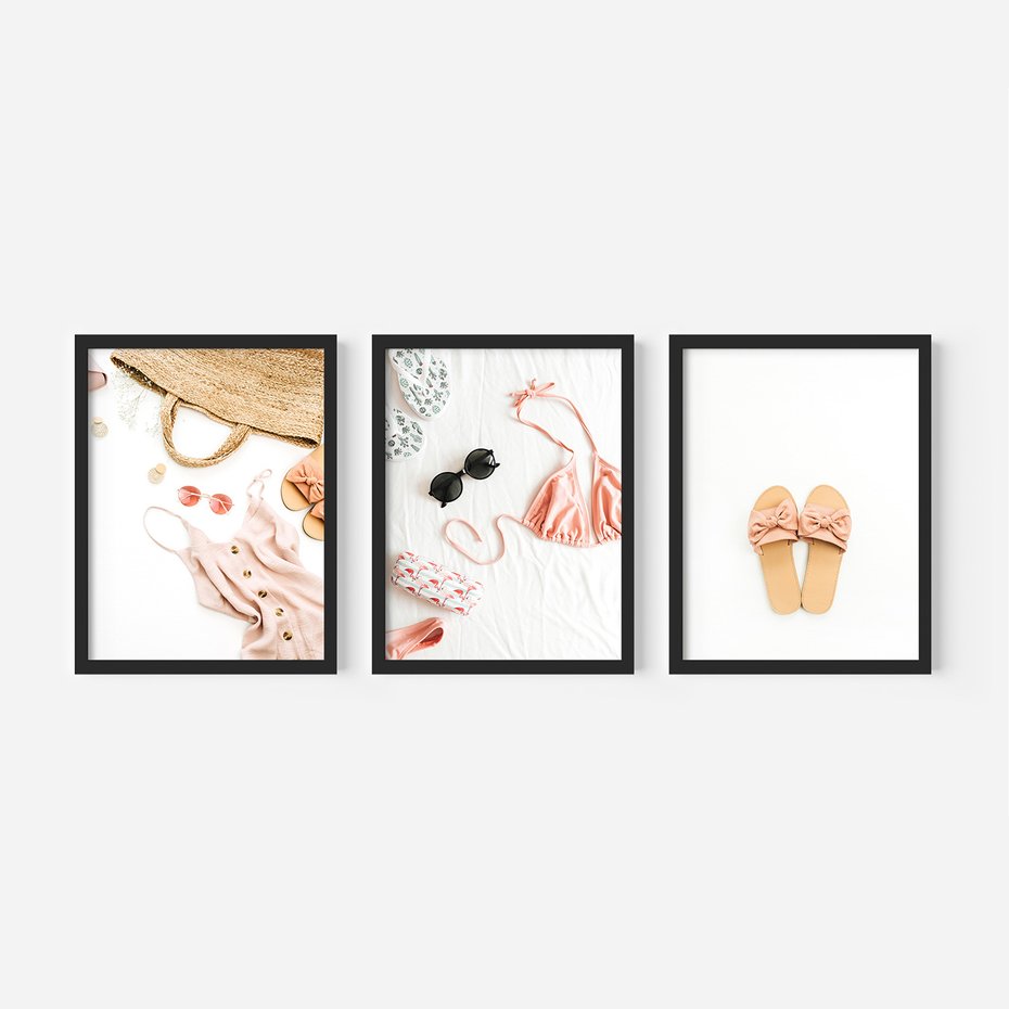 Zestaw obrazy w ramie, plakaty - moda, lato, akcesoria - rama czarna