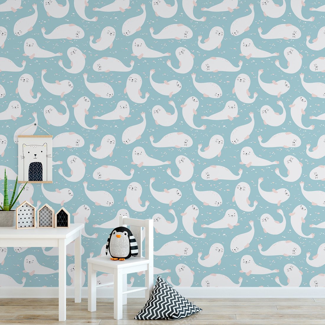 Tapeta - dziecięca, foki, tło, wzór