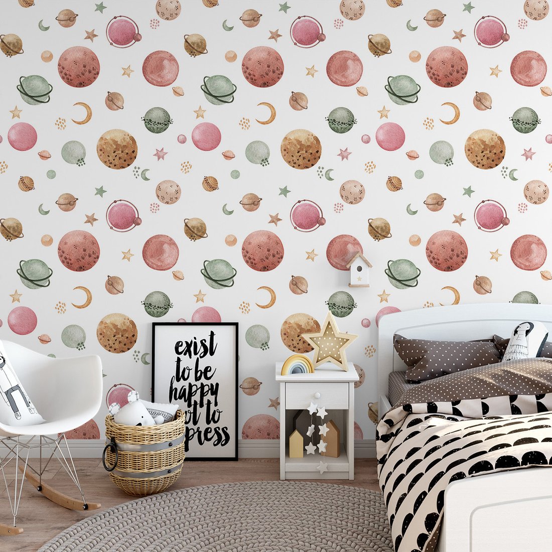 Tapeta - dziecięca, planety, gwiazdy, księżyc