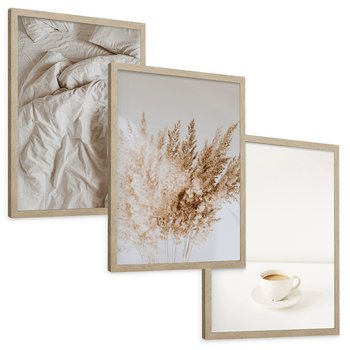 Zestaw obrazy w ramie, plakaty - beżowy, kawa, trawa - rama drewno
