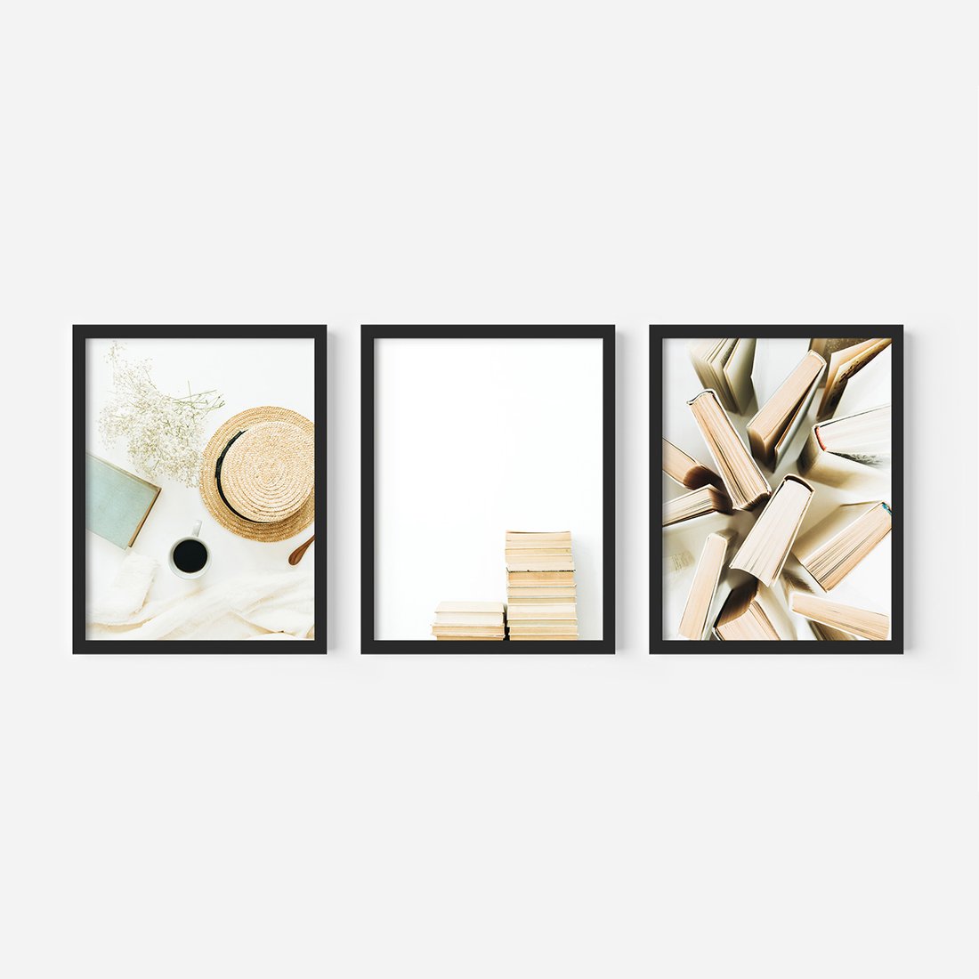 Zestaw obrazy w ramie, plakaty - książki, kapelusz, kwiaty - rama czarna