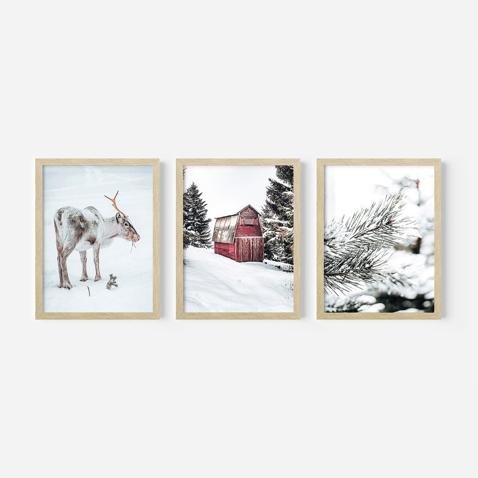 Zestaw obrazy w ramie, plakaty - renifer, śnieg, zima - rama drewno
