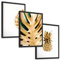 Zestaw obrazy w ramie, plakaty - złoty, liść, ananas - rama czarna