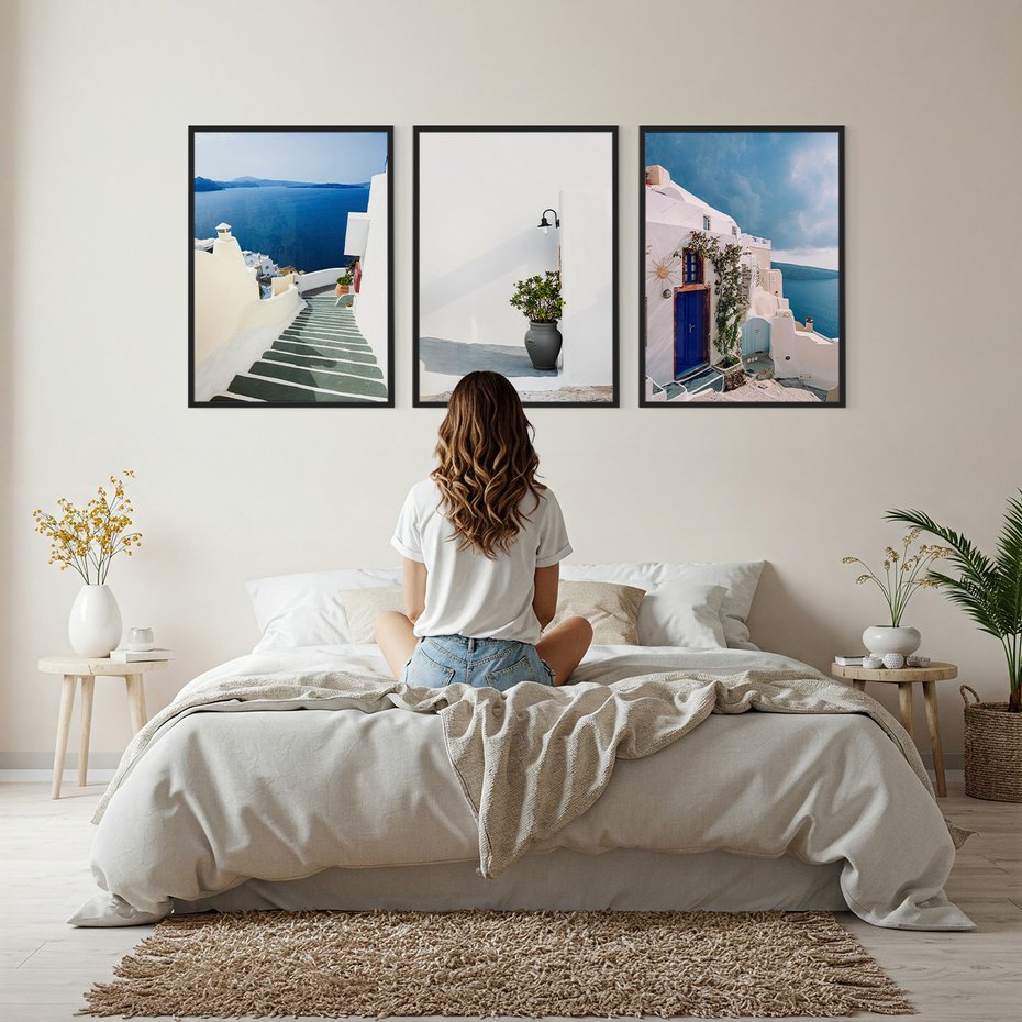 Zestaw obrazy w ramie, plakaty - Santorini, architektura, morze - rama czarna