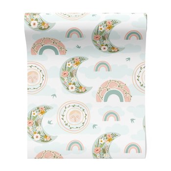 Tapeta - dziecięca, księżyc, tęcza, kwiaty
