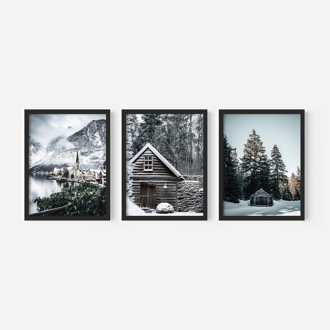 Zestaw obrazy w ramie, plakaty - zima, śnieg, krajobraz - rama czarna
