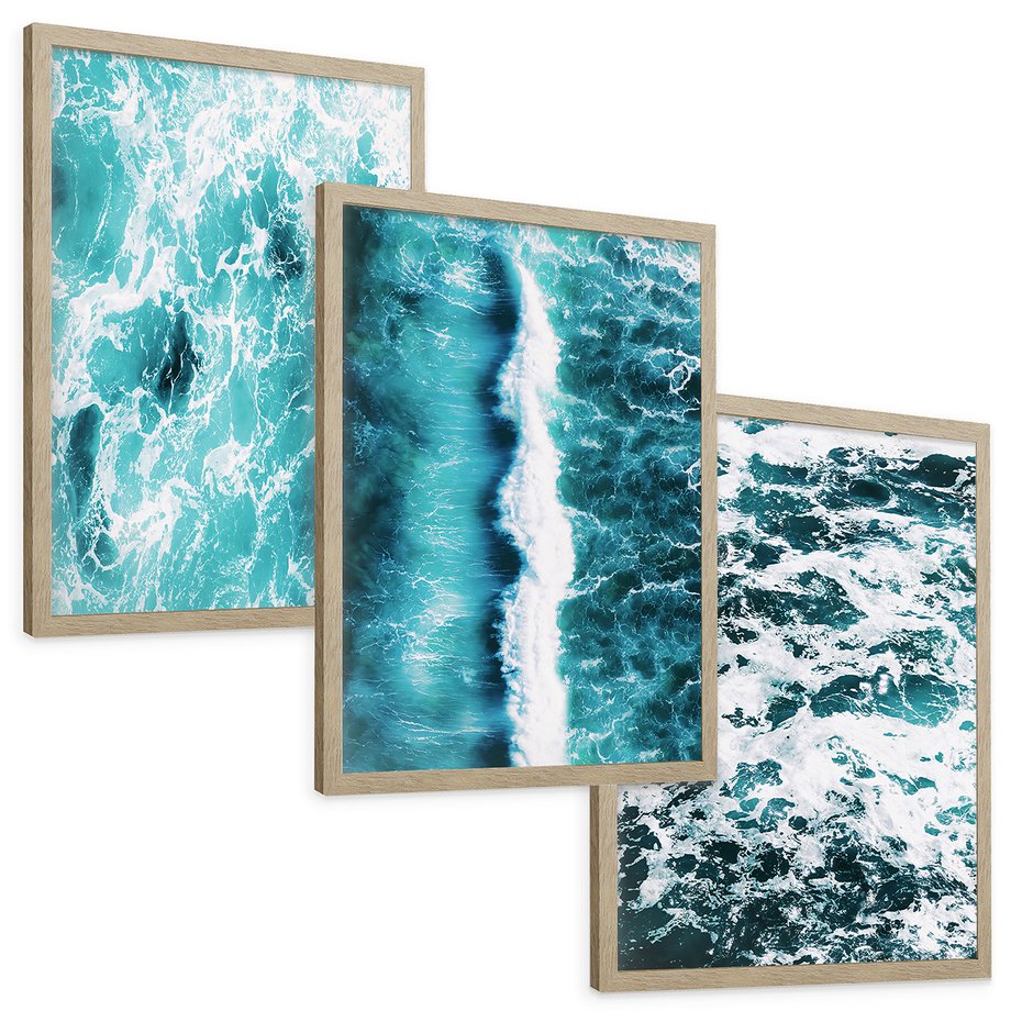 Zestaw obrazy w ramie, plakaty - woda, fale, turkusowy - rama drewno