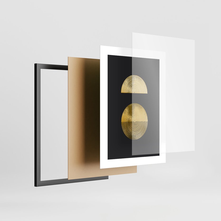 Zestaw obrazy w ramie, plakaty - złoty, abstrakcja, geometryczny - rama czarna