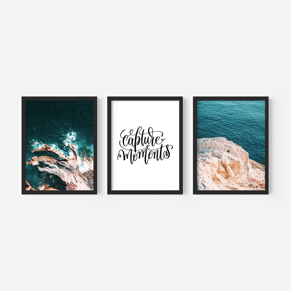 Zestaw obrazy w ramie, plakaty - morze, skały, ocean - rama czarna