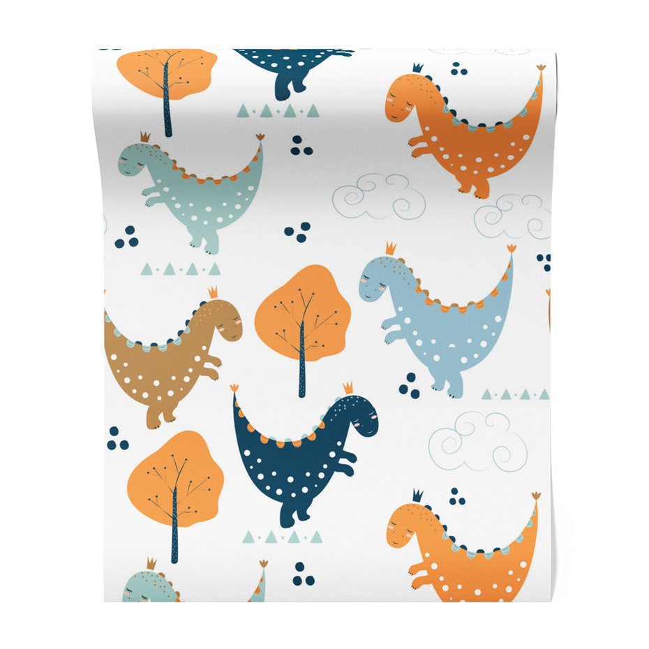 Tapeta - dziecięca, dinozaury, drzewa, chmury