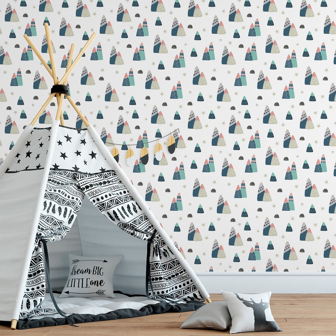 Tapeta - dziecięca, góry, gwiazdy, kropki