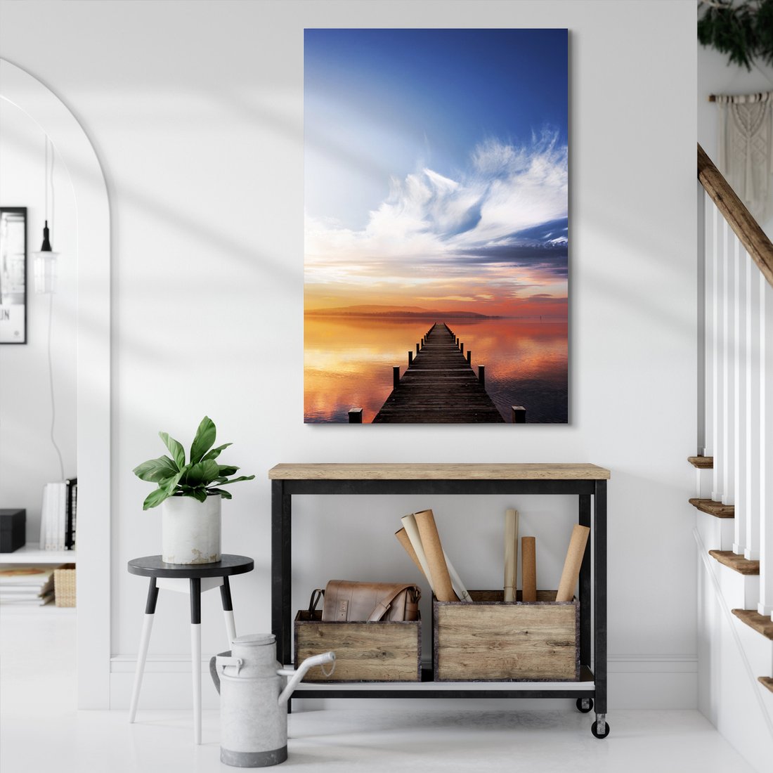 Obraz na płótnie - jezioro, molo, zachód słońca
