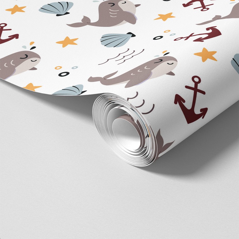 Tapeta - dziecięca, wieloryb, kotwica, muszla